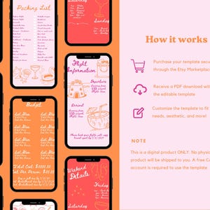 K&ouml;nnte beinhalten: Eine digitale Vorlage f&uuml;r eine Wochenend-Reise-Reiseroute. Die Vorlage enth&auml;lt Abschnitte f&uuml;r Packliste, Flugdaten, Budget, Wochenend-Details und Brautjungfern-Informationen. Die Vorlage ist in einem rosa und orangen Farbschema mit handgezeichneten Illustrationen gestaltet.