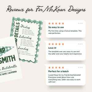 May include: Image features a bachelorette party itinerary and reviews for Fin McKean Designs. The itinerary is green and white gingham, with a Camp Smith logo. Reviews include phrases like "So easy to use" and "Love it!"