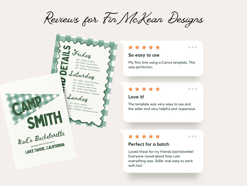 May include: Image features a bachelorette party itinerary and reviews for Fin McKean Designs. The itinerary is green and white gingham, with a Camp Smith logo. Reviews include phrases like "So easy to use" and "Love it!"