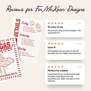 May include: A bachelorette party itinerary and reviews are displayed. The itinerary is red and white, with the text "VEGAS before vows!" and "Sarah's Bachelorette." Reviews include phrases like "So easy to use" and "Love it!"