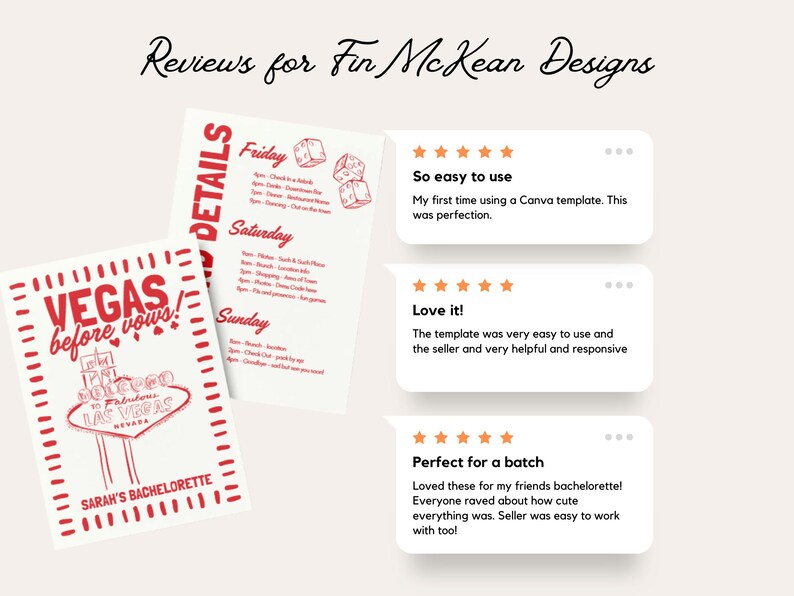 May include: A bachelorette party itinerary and reviews are displayed. The itinerary is red and white, with the text "VEGAS before vows!" and "Sarah's Bachelorette." Reviews include phrases like "So easy to use" and "Love it!"