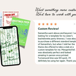 May include: A smartphone displays a bachelorette party invitation design with the text "Kayla's Bachelorette, Bikinis and Martinis!" in green and white. Three colorful cards with text and illustrations are behind the phone.