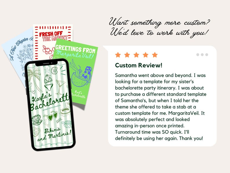 May include: A smartphone displays a bachelorette party invitation design with the text "Kayla's Bachelorette, Bikinis and Martinis!" in green and white. Three colorful cards with text and illustrations are behind the phone.