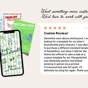 May include: A smartphone displays a bachelorette party invitation with green and white stripes, featuring bikini and martini illustrations. Three colorful cards with text and illustrations are in the background.