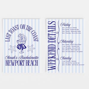 Last Toast on the Coast Bachelorette Itinerary Template Beach Bachelorette Preppy Invitation Digital Printable Canva Weekend Champagne