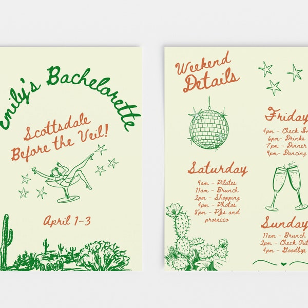 Bachelorette Itinerary Template, Scottsdale Bachelorette, Disco Bachelorette, Travel Itinerary, Canva Pro, Bach Party Itinerary