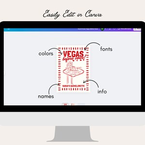 May include: A computer monitor displays a red and cream design with the text "VEGAS before vows!" and "SARAH'S BACHELORETTE." The design includes a stylized illustration of the Las Vegas sign. The words "Easily Edit in Canva" are at the top.