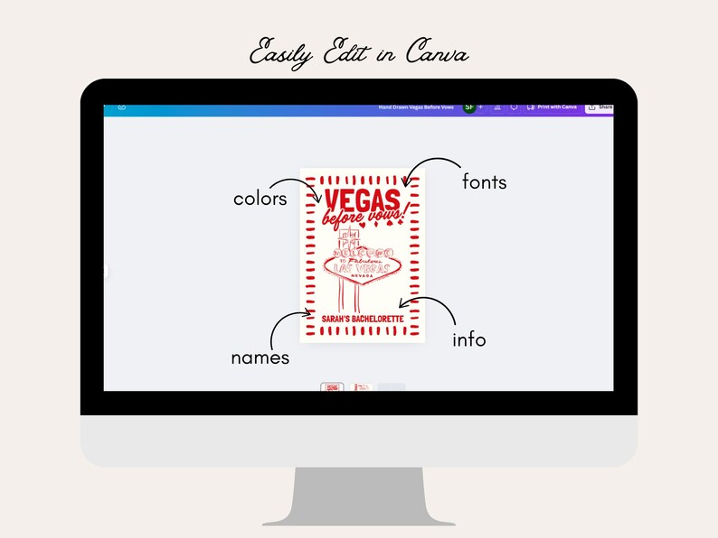 May include: A computer monitor displays a red and cream design with the text "VEGAS before vows!" and "SARAH'S BACHELORETTE." The design includes a stylized illustration of the Las Vegas sign. The words "Easily Edit in Canva" are at the top.
