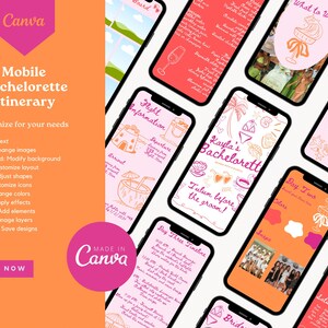 K&ouml;nnte beinhalten: Neun Handy-Bildschirm-Mockups mit einem Thema f&uuml;r einen Junggesellinnenabschied. Die Bildschirme zeigen ein rosa, orange und wei&szlig;es Farbschema mit Illustrationen von Palmen, Cocktails und einer Braut. Der Text auf den Bildschirmen lautet "Kayla's Bachelorette", "Tulum before the groom", "Day Three Itinerary", "Day Two Itinerary", "Weekend Details", "What to Wear", "Flight Information" und "Bride".