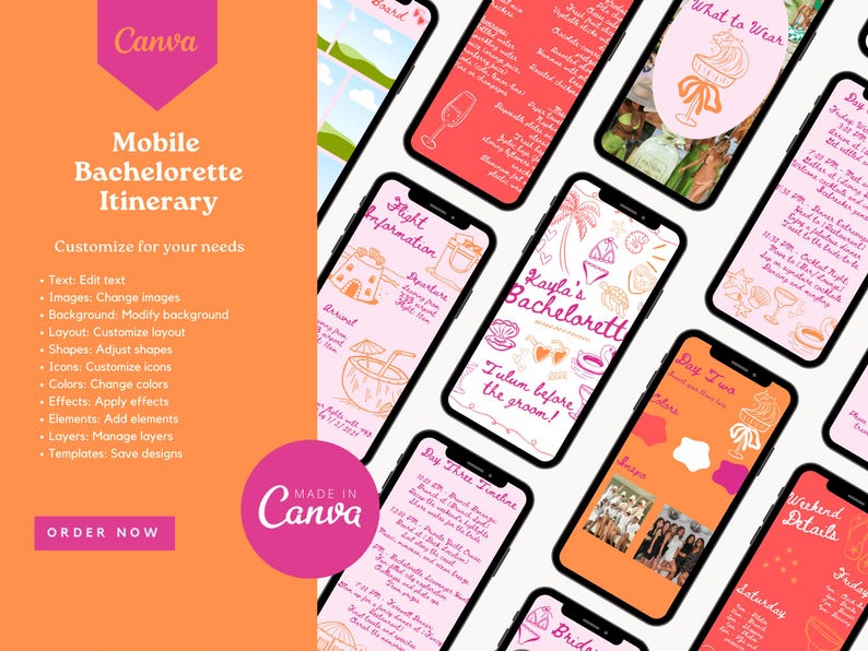 K&ouml;nnte beinhalten: Neun Handy-Bildschirm-Mockups mit einem Thema f&uuml;r einen Junggesellinnenabschied. Die Bildschirme zeigen ein rosa, orange und wei&szlig;es Farbschema mit Illustrationen von Palmen, Cocktails und einer Braut. Der Text auf den Bildschirmen lautet "Kayla's Bachelorette", "Tulum before the groom", "Day Three Itinerary", "Day Two Itinerary", "Weekend Details", "What to Wear", "Flight Information" und "Bride".