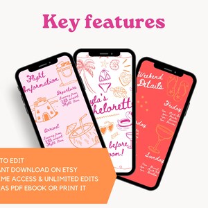K&ouml;nnte beinhalten: Drei Telefon-Bildschirm-Mockups mit rosa, wei&szlig;em und rotem Hintergrund. Die Mockups sind f&uuml;r eine Junggesellinnenabschied-Reiseroute. Das rosa Mockup hat den Text "Flug Informationen" und "Abflug" und "Ankunft". Das wei&szlig;e Mockup hat den Text "Kaylas Junggesellinnenabschied" und "Wochenende Details". Das rote Mockup hat den Text "Wochenende Details" und "Freitag" und "Sonntag".