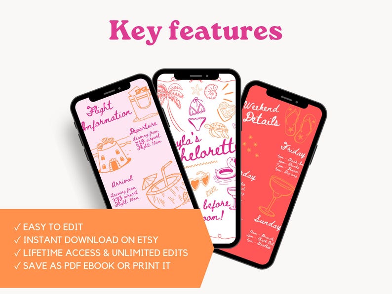 K&ouml;nnte beinhalten: Drei Telefon-Bildschirm-Mockups mit rosa, wei&szlig;em und rotem Hintergrund. Die Mockups sind f&uuml;r eine Junggesellinnenabschied-Reiseroute. Das rosa Mockup hat den Text "Flug Informationen" und "Abflug" und "Ankunft". Das wei&szlig;e Mockup hat den Text "Kaylas Junggesellinnenabschied" und "Wochenende Details". Das rote Mockup hat den Text "Wochenende Details" und "Freitag" und "Sonntag".