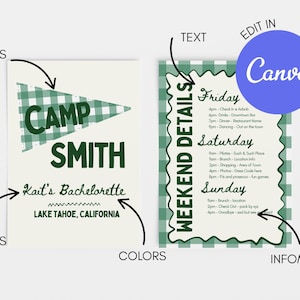 May include: A two-sided invitation design for a bachelorette weekend. The left side features a green and white checkered pennant with "CAMP SMITH" in bold green letters. The right side lists weekend details with a green checkered border.