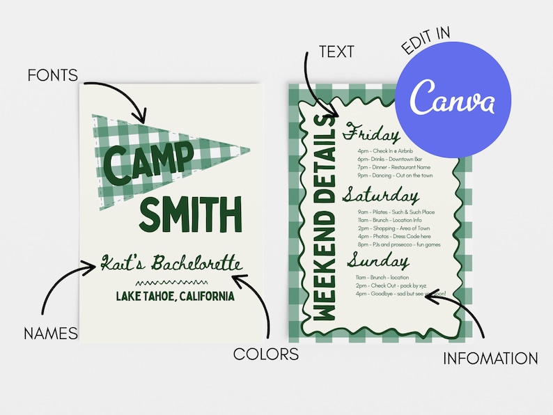 May include: A two-sided invitation design for a bachelorette weekend. The left side features a green and white checkered pennant with "CAMP SMITH" in bold green letters. The right side lists weekend details with a green checkered border.