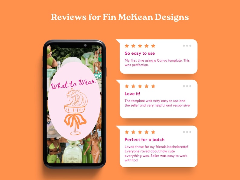 K&ouml;nnte beinhalten: Ein Screenshot eines Mobiltelefons, auf dem eine Canva-Vorlage f&uuml;r einen "Was man anziehen soll"-Leitfaden angezeigt wird. Die Vorlage hat einen rosa Hintergrund mit einer Cartoon-Illustration eines Cocktailglases mit einer Welle und einer Schleife. Das Telefon ist von positiven Kundenbewertungen mit f&uuml;nf Sternen umgeben.