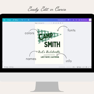 May include: A computer screen displays a design for a bachelorette party invitation. The design features a green and white checkered pennant with the words "CAMP SMITH" in a bold font. Below, it reads "Kait's Bachelorette" and "LAKE TAHOE, CALIFORNIA."