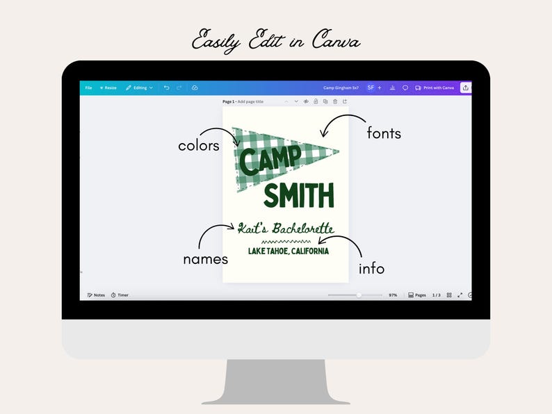 May include: A computer screen displays a design for a bachelorette party invitation. The design features a green and white checkered pennant with the words "CAMP SMITH" in a bold font. Below, it reads "Kait's Bachelorette" and "LAKE TAHOE, CALIFORNIA."