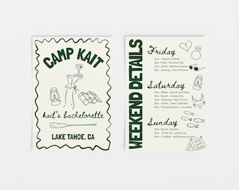 Camp Bachelorette Itinerary Template Editable Canva Weekend Schedule Glamping Party Agenda Camp Bride Itinerary Lake Bachelorette