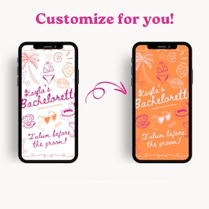 K&ouml;nnte beinhalten: Ein Handy-Bildschirm-Mockup mit wei&szlig;em Hintergrund und einer bunten Illustration einer Strandszene mit dem Text "Kayla's Bachelorette" und "Tulum vor dem Br&auml;utigam!"