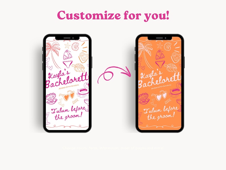 K&ouml;nnte beinhalten: Ein Handy-Bildschirm-Mockup mit wei&szlig;em Hintergrund und einer bunten Illustration einer Strandszene mit dem Text "Kayla's Bachelorette" und "Tulum vor dem Br&auml;utigam!"