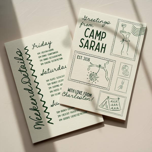 Sjabloon vrijgezellenreis kamp bewerkbaar Canva weekendschema Glamping feestagenda kamp bruid reisplan Meer vrijgezellenfeest