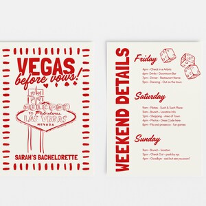 May include: Two cream-colored cards with red text and illustrations. One card reads "VEGAS before vows!" with a Las Vegas sign graphic. The other card lists weekend details with dice illustrations.
