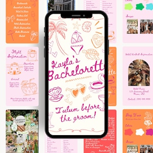 Puede incluir: Un itinerario de despedida de soltera imprimible rosa y naranja con el texto "Kayla's Bachelorette" y "Tulum before the groom!" El itinerario incluye información sobre las damas de honor, detalles del vuelo, información del hotel y actividades.