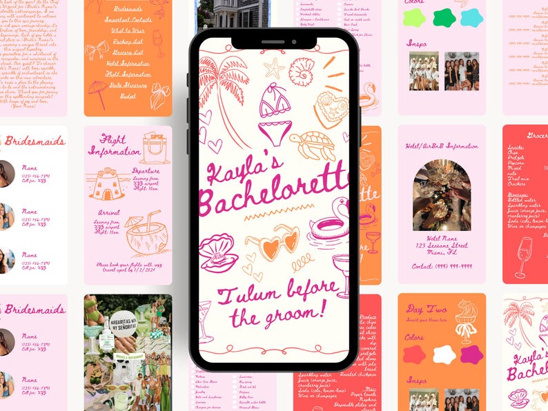 K&ouml;nnte beinhalten: Ein rosa und orangefarbener druckbarer Junggesellinnenabschiedsplaner mit dem Text "Kayla's Bachelorette" und "Tulum before the groom!" Der Planer enth&auml;lt Informationen &uuml;ber die Brautjungfern, Flugdetails, Hotelinformationen und Aktivit&auml;ten.