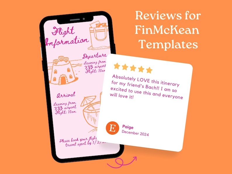K&ouml;nnte beinhalten: Eine F&uuml;nf-Sterne-Bewertung f&uuml;r eine Reise-Reiseplanvorlage mit dem Text "Absolutely LOVE this itinerary for my friend's Bach!! I am so excited to use this and everyone will love it!" und dem Namen Paige und dem Datum Dezember 2024.