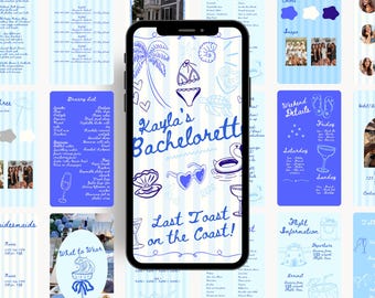 May include: A blue and white illustrated phone screen with the text "Kayla's Bachelorette Last Toast on the Coast!"  The illustration includes a palm tree, sunglasses, a seashell, a swimsuit, and a flamingo float.