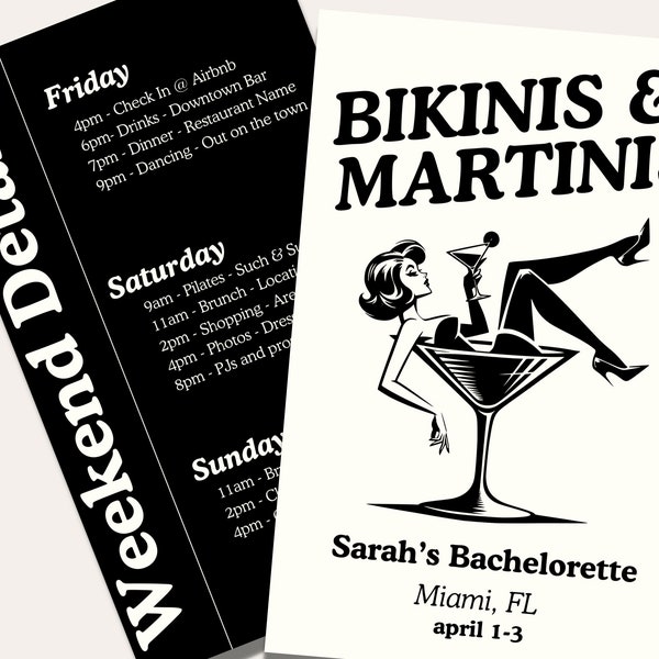 Bikinis and Martinis Bachelorette Itinerary Template, Scottsdale Bachelorette, Miami Bachelorette, Travel Itinerary, Canva Pro, Classy Bach