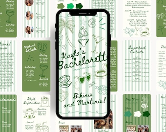 May include: A smartphone displays a bachelorette party itinerary with a green and white striped background. The text "Kayla's Bachelorette, Bikinis and Martinis!" is featured, along with illustrations of a bikini, sunglasses, and a martini glass.