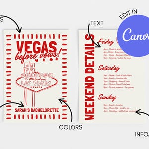 May include: A cream-colored bachelorette party invitation with red text and accents. The design features the words "VEGAS before vows!" and "Welcome to Fabulous Las Vegas, Nevada." The weekend details are listed on the right.