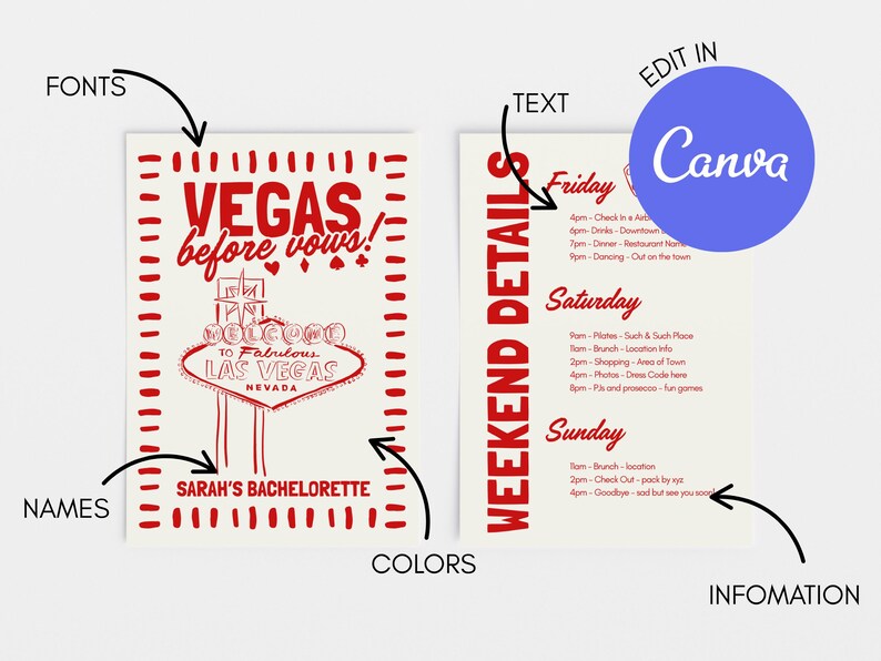 May include: A cream-colored bachelorette party invitation with red text and accents. The design features the words "VEGAS before vows!" and "Welcome to Fabulous Las Vegas, Nevada." The weekend details are listed on the right.