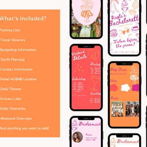 K&ouml;nnte beinhalten: Eine druckbare Checkliste f&uuml;r ein Junggesellinnen-Wochenende. Die Checkliste umfasst Packlisten, Reiseplan, Budgetinformationen, Outfit-Planung, Kontaktinformationen, Hotel- oder Airbnb-Standort, t&auml;gliche Themen, Einkaufslisten, Tagesabl&auml;ufe, Wochenend&uuml;bersicht und einen Bereich zum Hinzuf&uuml;gen von allem anderen. Die Checkliste ist in einem rosa und orangen Farbschema gestaltet und enth&auml;lt Illustrationen von Cocktails, Muscheln und Sonnenbrillen.