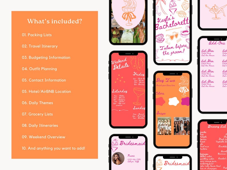 K&ouml;nnte beinhalten: Eine druckbare Checkliste f&uuml;r ein Junggesellinnen-Wochenende. Die Checkliste umfasst Packlisten, Reiseplan, Budgetinformationen, Outfit-Planung, Kontaktinformationen, Hotel- oder Airbnb-Standort, t&auml;gliche Themen, Einkaufslisten, Tagesabl&auml;ufe, Wochenend&uuml;bersicht und einen Bereich zum Hinzuf&uuml;gen von allem anderen. Die Checkliste ist in einem rosa und orangen Farbschema gestaltet und enth&auml;lt Illustrationen von Cocktails, Muscheln und Sonnenbrillen.