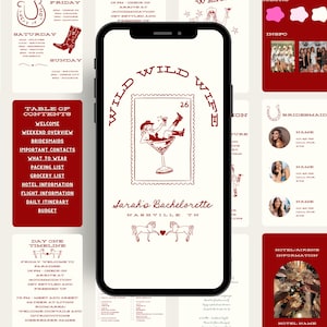 May include: A smartphone displays a bachelorette party itinerary with a red and cream color scheme. The design includes a cowboy theme with illustrations of a cowboy hat, boots, and horses. Text includes "Wild Wife" and "Sarah's Bachelorette Nashville TN."