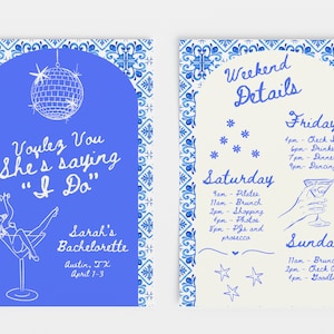 Puede incluir: Una invitación ilustrada azul y blanca para una despedida de soltera. La invitación presenta una bola de discoteca, una mujer en una copa de martini y el texto "Voulez Vou She's saying "I Do"". La invitación también incluye el texto "Sarah's Bachelorette Austin, TX April 1-3". La parte posterior de la invitación presenta un cronograma de eventos para el fin de semana, que incluye "Friday", "Saturday" y "Sunday".