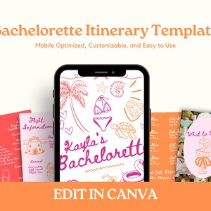 K&ouml;nnte beinhalten: Eine druckbare Bachelorette-Reiseplan-Vorlage mit einem rosa-orangenen Farbschema. Die Vorlage enth&auml;lt einen Telefonbildschirm mit einer Cartoon-Illustration einer Palme, Muscheln und einem Badeanzug. Der Text auf dem Telefonbildschirm lautet "Kayla's Bachelorette". Die Vorlage enth&auml;lt auch eine Liste mit Flugdaten, eine Liste mit Kleidungstipps und eine Liste mit Kosten.