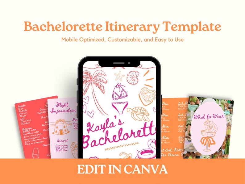 K&ouml;nnte beinhalten: Eine druckbare Bachelorette-Reiseplan-Vorlage mit einem rosa-orangenen Farbschema. Die Vorlage enth&auml;lt einen Telefonbildschirm mit einer Cartoon-Illustration einer Palme, Muscheln und einem Badeanzug. Der Text auf dem Telefonbildschirm lautet "Kayla's Bachelorette". Die Vorlage enth&auml;lt auch eine Liste mit Flugdaten, eine Liste mit Kleidungstipps und eine Liste mit Kosten.