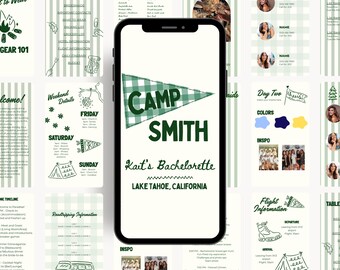 May include: A smartphone displays a bachelorette party itinerary with a green and white theme. The main screen reads "Camp Smith" with "Kait's Bachelorette" and Lake Tahoe, California. Surrounding screens detail weekend events and flight information.