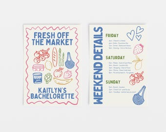 May include: Two illustrated cards with text and drawings. One card says "FRESH OFF THE MARKET" and "KAITLYN'S BACHELORETTE" with drawings of produce. The other card says "WEEKEND DETAILS" with a schedule and drawings.