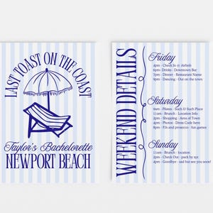 Last Toast on the Coast Bachelorette Itinerary Template Beach Bachelorette Preppy Invitation Digital Printable Canva Weekend Champagne