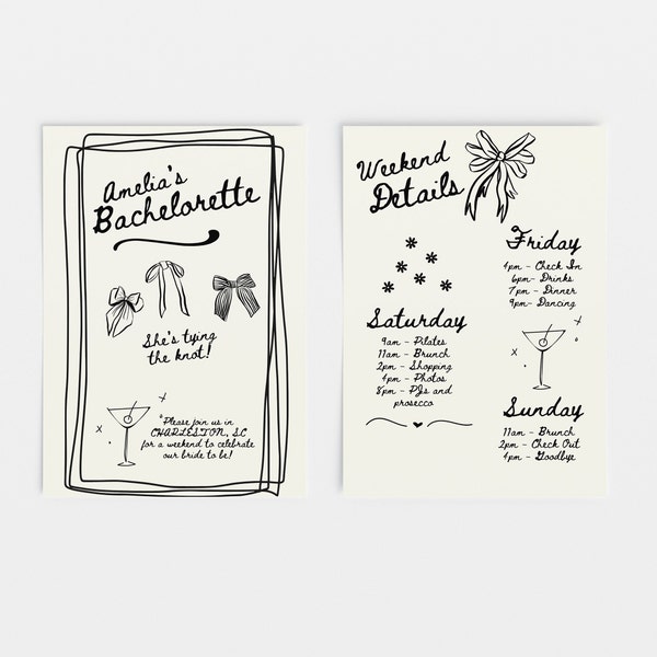 Hand Drawn Style Bachelorette Invitation and Itinerary Template, Digital Template, Bachelorette Party, Bachelorette Weekend Itinerary