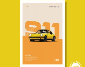 Plakat artystyczny Porsche 911 z lat 70.: minimalistyczny samochód (do pobrania w wersji cyfrowej)