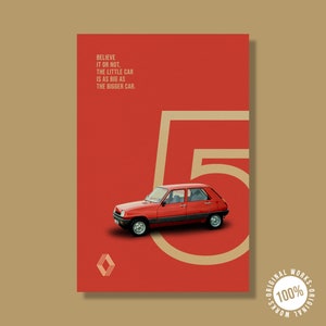May include: A red car with a white roof and a black bumper is parked in front of a large, red number five. The text "Believe it or not, the little car is as big as the bigger car." is printed above the car.