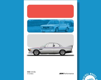 Plakat BMW 3.0 CSL: Sztuka klasycznych samochodów sportowych z lat 70. (do pobrania w wersji cyfrowej)