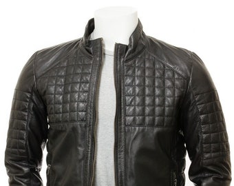 Mens Quilted Bomber Black Biker Leather Jacket