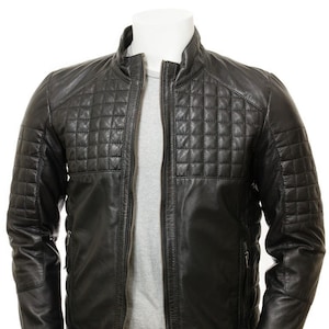 Mens Quilted Bomber Black Biker Leather Jacket
