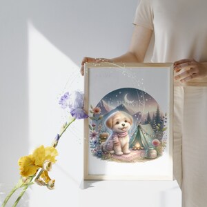 Niedlicher Welpe Camping Abenteuer Wandkunst, wunderlicher Nachthimmel, gemütliches Zelt und Berge Illustration, Kinderzimmer Dekor, Boho Stil Druck